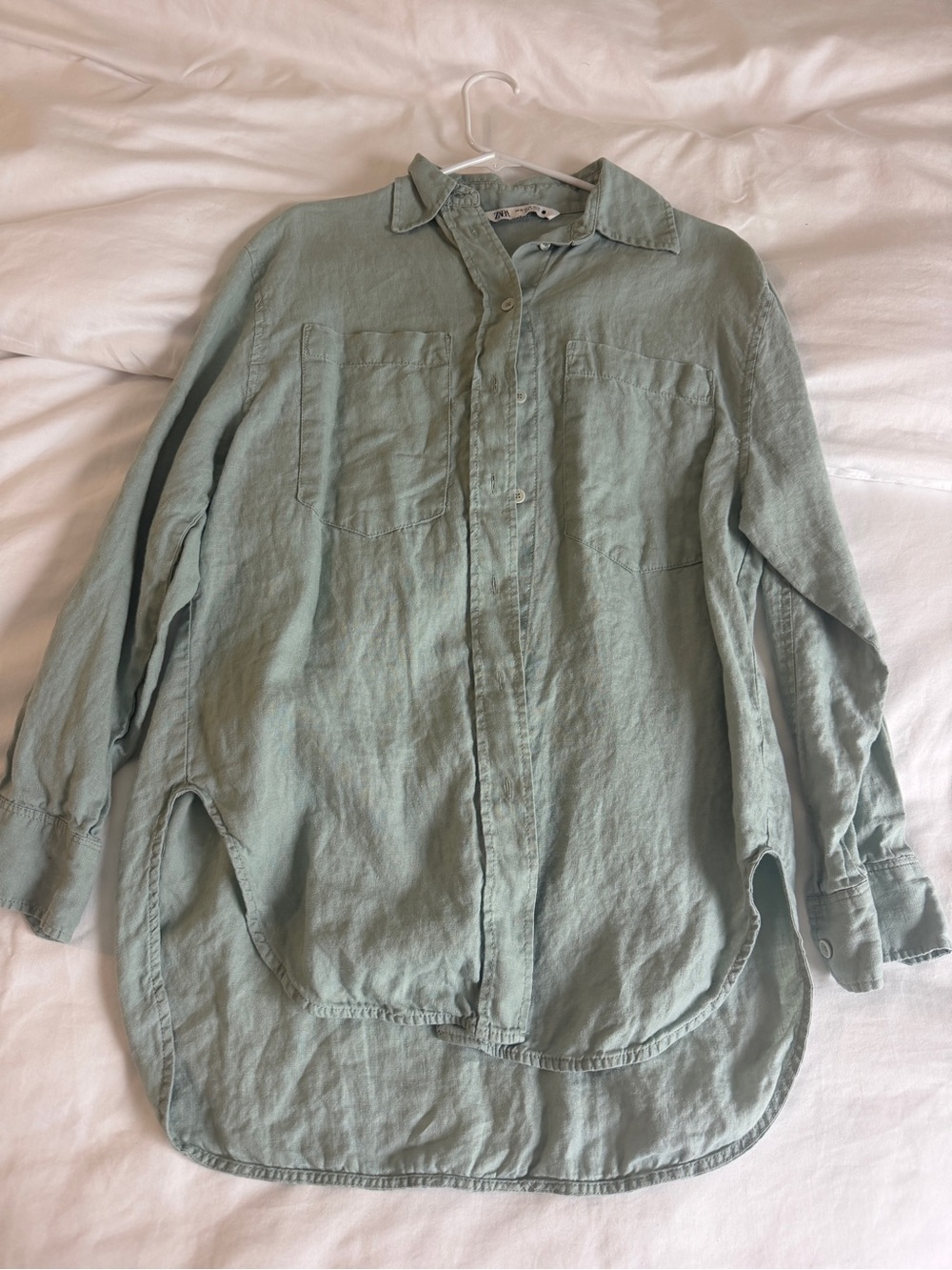 Zara Sage Green Linen-Blend Longline Button-Down Shirt